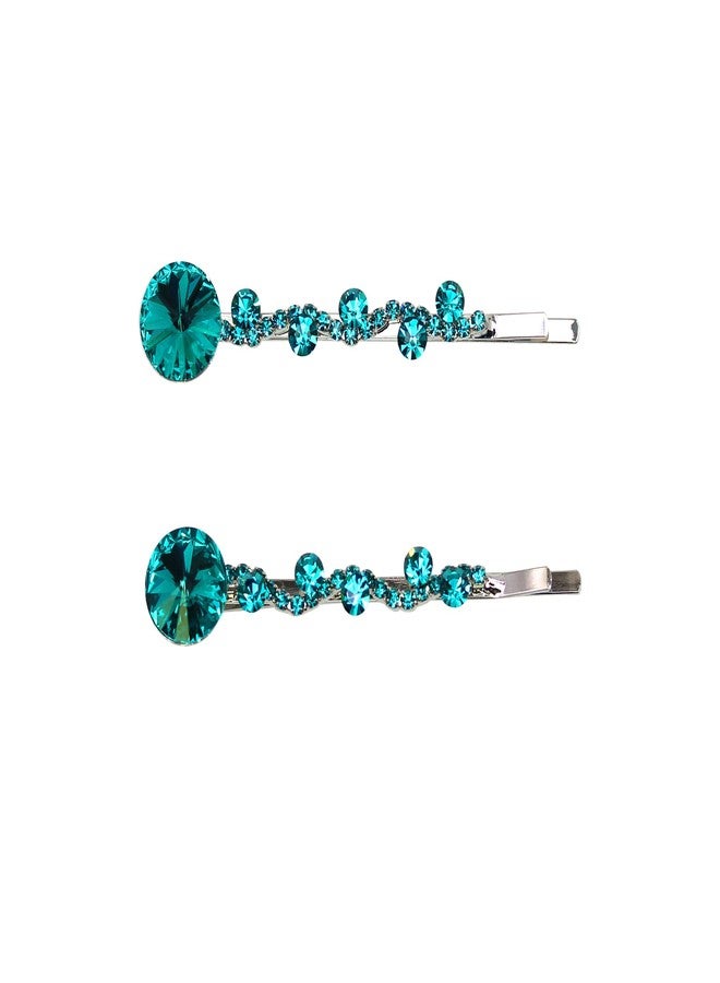 Faship A Pair Of Teal Premium Rhinestone Crystal Rhinestone Floral Hair Clips 2 Pcs Pins - Image 1